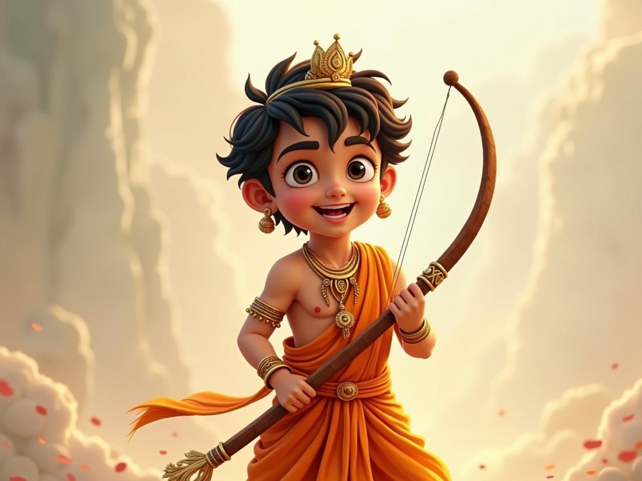 Create an image of a young Indian boy dressed in traditional attire similar to the one depicted in the original image. He should be wearing an orange dhoti-like garment with intricate folds and golden jewelry, including a necklace and bracelets. The boy should have a joyful expression on his face and hold a bow, suggesting a heroic demeanor. His hair should be styled like the character, adorned with a small crown. The background should be a soft, diffused light to enhance the ethereal quality of the scene.