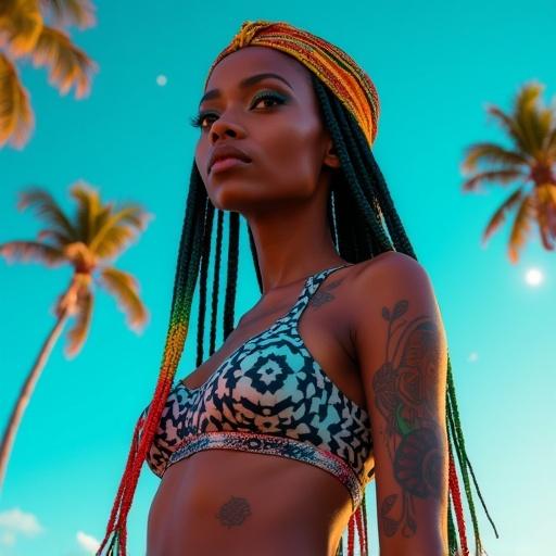 Beautiful woman with long rainbow braids and indigo eyes. Afro-Caribbean features and tribal tattoos. Bright tropical sky with neon light trails. Colorful headwrap worn. Outfit made of smart fabrics. Calm expression. Tall palm trees sway against a cyan sky. Digital shimmer adds depth.