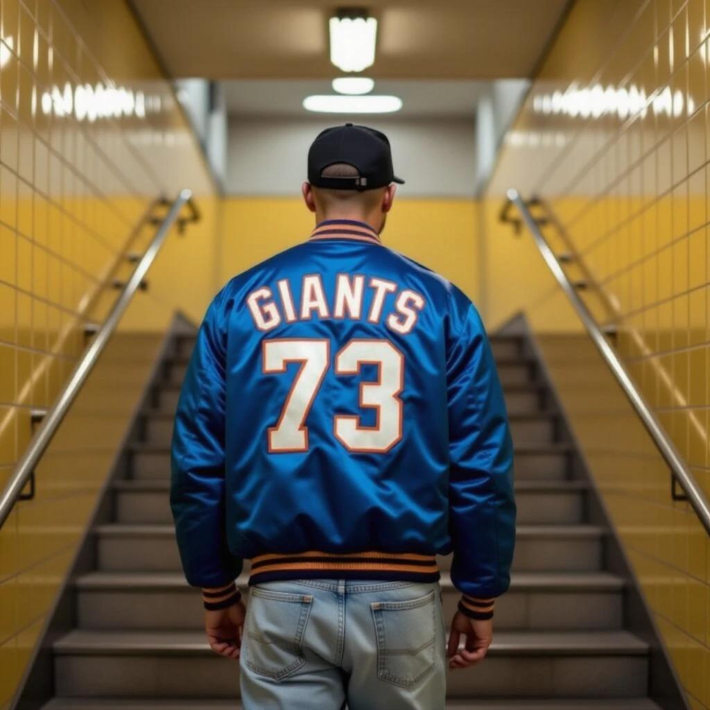 A man walks down subway stairs wearing a blue satin Giants jacket and black cap. Faded haircut visible from behind. Light, baggy jeans complement the retro style of the 1980s. Yellow tiles in subway reflect a 1970s aesthetic.