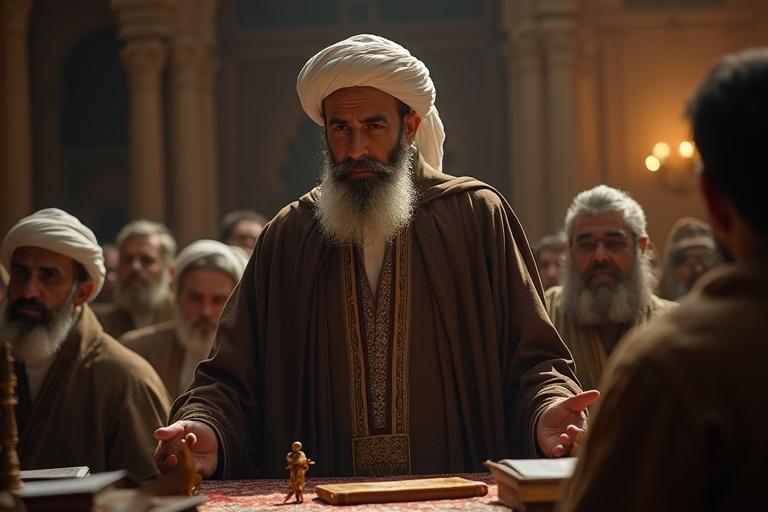 Qazi delivering a verdict in favor of Hazrat Ali in a court. The scene is filled with respectful silence. The Qazi has a commanding presence with a dignified expression. Background features a historical audience in traditional attire.