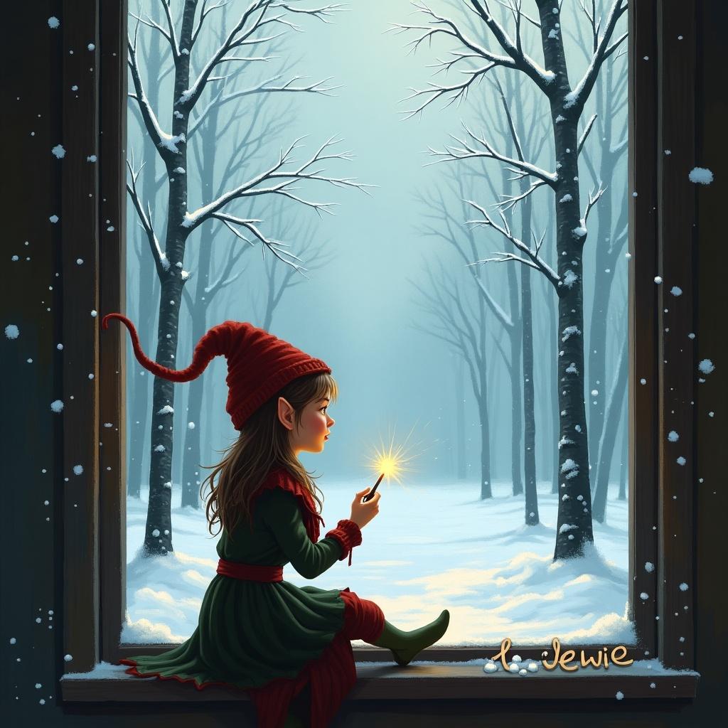 An elf sits at a window. The elf looks outside at snow and trees. The elf holds a magic wand glowing. The elf is trying to write a name in the air. The scene is peaceful and magical.