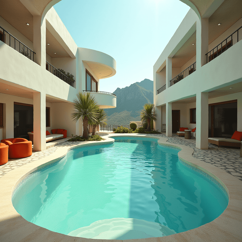 A serene courtyard features a curved pool surrounded by a contemporary two-story building with mountain views and cozy outdoor seating.