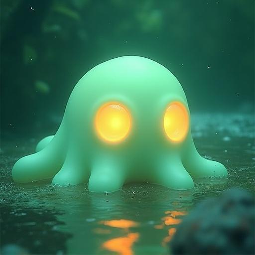Anemo Slime styled octopus illuminated underwater. Features soft glowing accents and a tranquil sea-green palette.