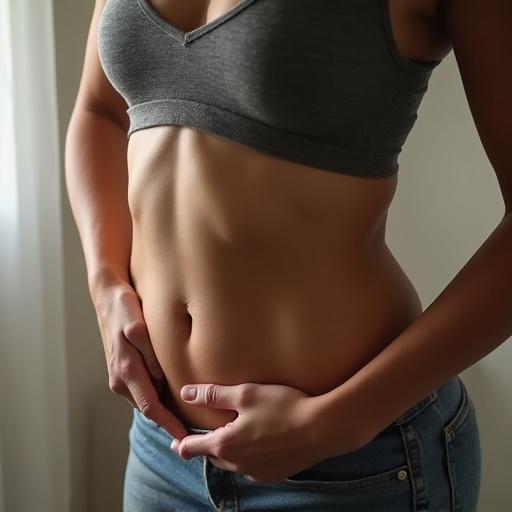 Image of a woman doing an abdominal exercise at home. Focus on midsection and natural light.