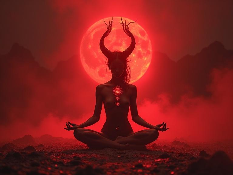 Chakra meditation set in a hellish red environment with demonic themes. A figure sits in meditation pose amid a dark landscape, highlighted by a large red sun. There's an aura or glow representing chakras.