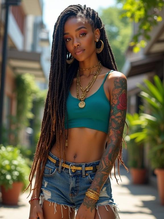 A hyper-realistic portrait of a stylish young woman with long braided dreadlocks wearing golden rings. She stands confidently in a vibrant urban street with greenery and modern buildings in daylight. Outfit includes a teal tank top and denim shorts with golden tassels. Skin features vivid tattoos of roses and skulls. She has a calm expression, wearing hoop earrings and bracelets, embracing city-chic style. The background shows street life and lush foliage, creating a modern bohemian aesthetic.