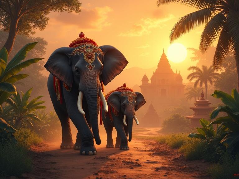 Concept art inspired by Indian culture. Parent and child elephants walk on a dusk path. Elephants have expressive eyes and wear traditional Indian fabrics and jewelry. Surrounded by tropical plants like banana and palm trees. Background shows ancient temples and village houses. Magical atmosphere with sun rays in misty air. Subtle movement of swaying leaves for a sense of journey.