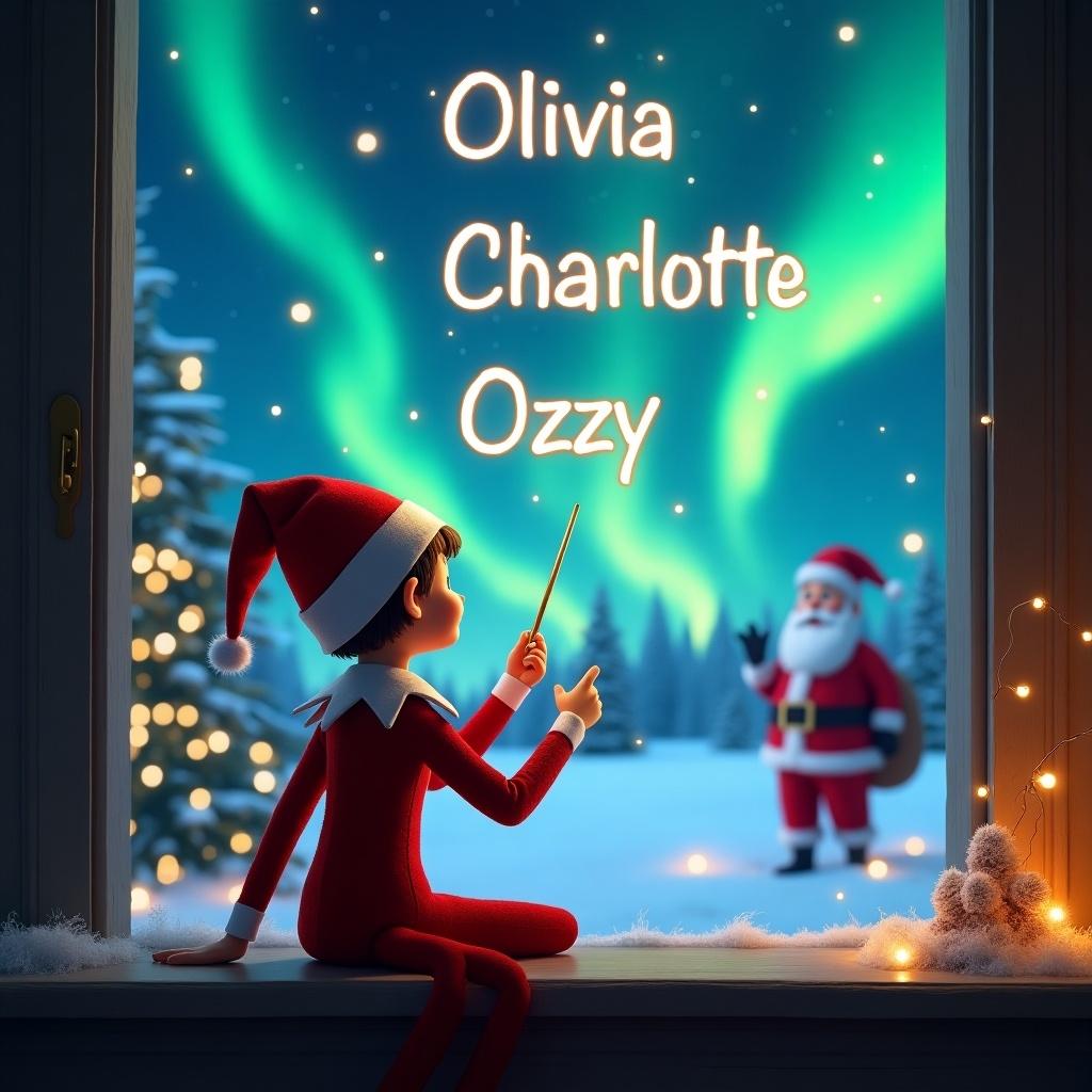 The image features an elf on the shelf with his back to the viewer, immersed in a magical Christmas scene. He is using a wand to write the names Olivia, Charlotte, and Ozzy in the sky. The background is enchanting, showcasing vibrant northern lights that illuminate the snowy landscape. Nearby, Santa Claus can be seen, adding to the holiday charm. The overall atmosphere is filled with joy and excitement, capturing the essence of Christmas magic.