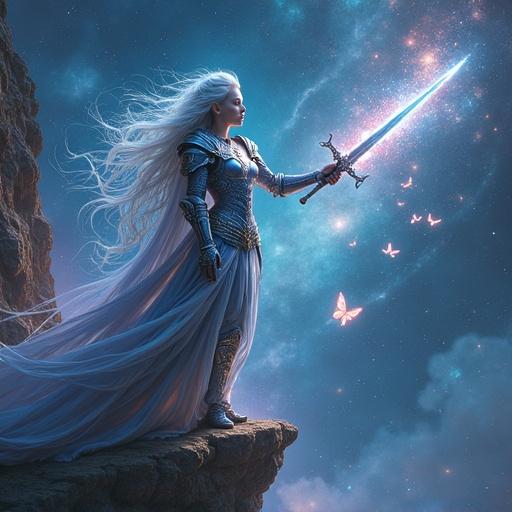 Breathtaking portrait of a mythical celestial warrior on a cosmic cliff. Warrior clad in glowing armor that shifts colors. Hair flows like liquid silver. Wields a starlight sword surrounded by shimmering particles. Releases luminescent butterflies into the void. Background filled with supernova and nebulae. Cinematic composition with a profound atmosphere.