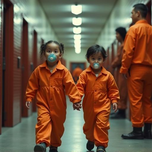 Two children walk together in a jail. They wear bright orange jumpsuits. They hold hands. Pacifiers are in their mouths. Guards are locking other children in cells.