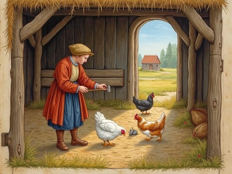 Interior of a village grain barn. A peasant in russet clothing feeds chickens. A calico cat chases a mouse under a hayrack. Morning light shines through wooden slats. Late 15th-century illustrated manuscript style with tempera and shell-gold on vellum.