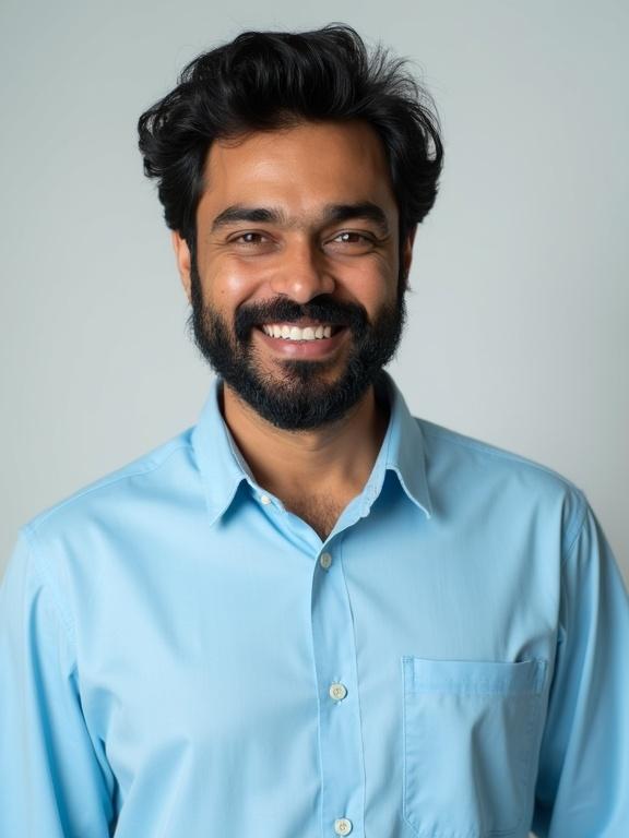 South Indian man with black hair and beard wears a sky blue shirt. He poses in a studio smiling charmingly.