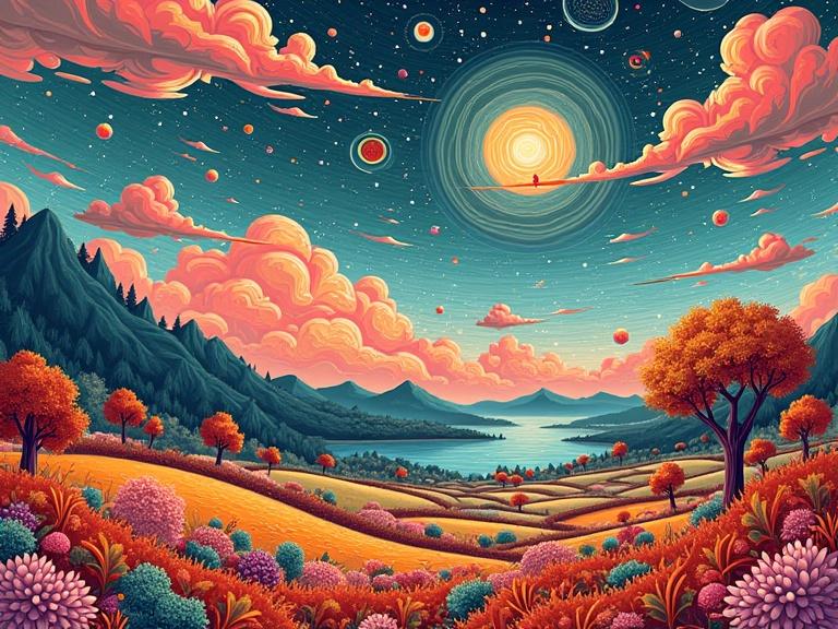 Colorful surreal landscape featuring rolling, vibrant hills under a striking patterned sky. A river flows through the scene, creating depth and intrigue.