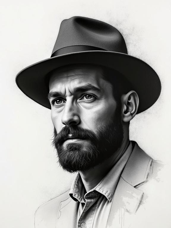 Elegant charcoal sketch of a man with a beard wearing a classic hat. Minimalist portrait on textured paper with subtle shading. Deep-set eyes and a thoughtful expression. Soft shadows and an abstract background create an introspective atmosphere.