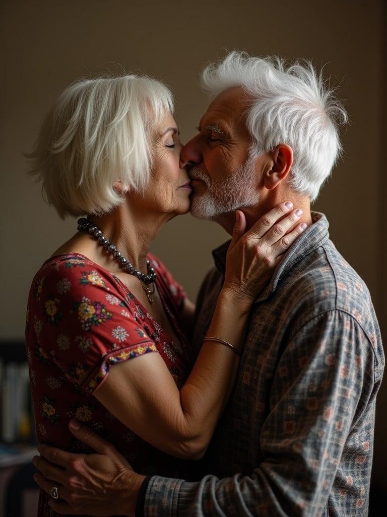 An intimate moment between an older woman and a younger man is captured. They are holding each other close in a warm atmosphere. Natural light illuminates the scene softly. Their expressions show affection and connection.