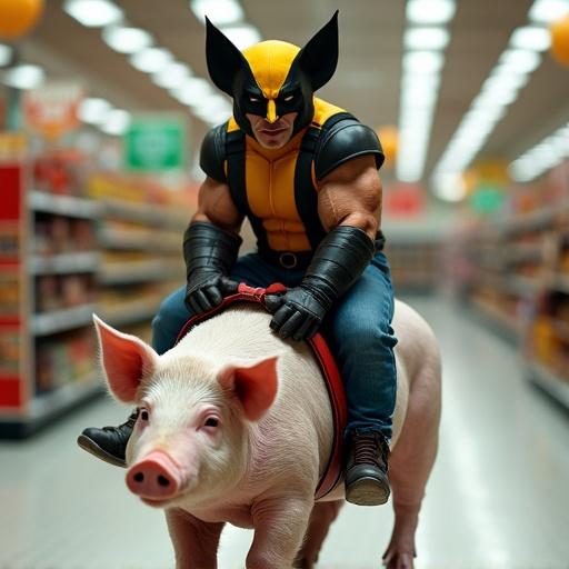 Wolverine character rides a pig in supermarket aisle with grocery shelves around.
