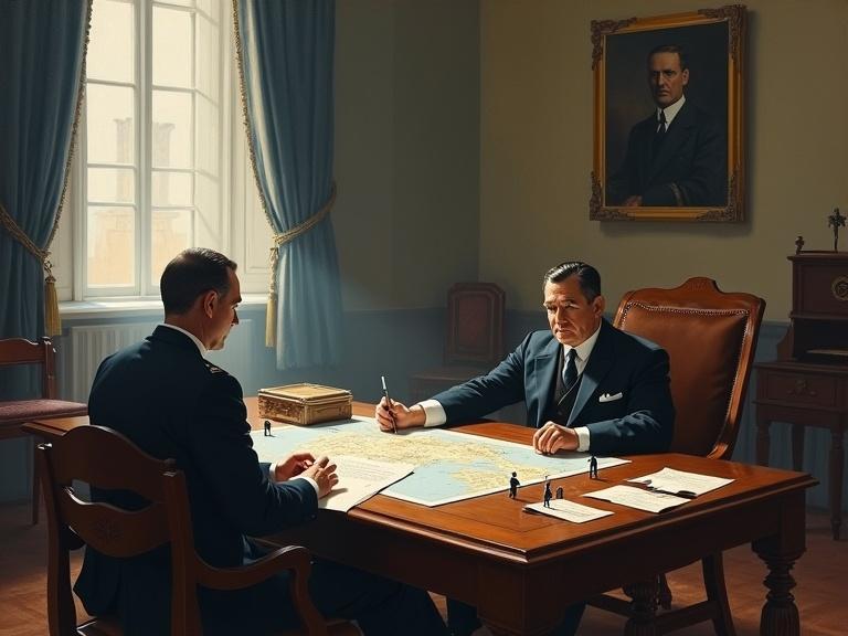 Historical scene in a somber office at Palacio del Pardo. Francisco Franco seated at a wooden desk holding a Reich letter. Map of Europe on the table with highlighted Axis zones and toy soldiers. German emissary in uniform stands rigidly. Cold light from a window, shadowy portrait of Hitler on the wall. Stopped clock at 11:00, Spanish saber crossing a feather, painting of Gibraltar illuminated by sunlight. Colors are cool with a strategic and diplomatic tension.
