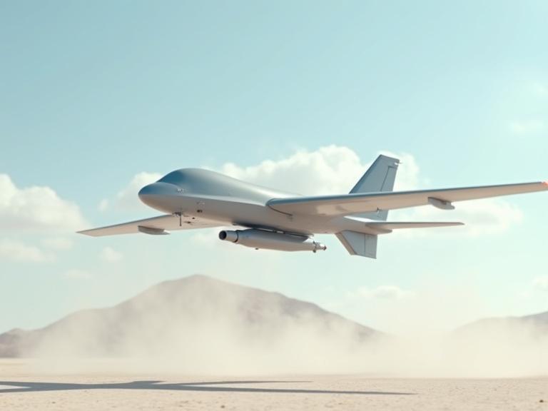 Sleek small light grey military hover drone in flight over a white desert. A small missile launcher is positioned underneath the drone. Dust is blowing around in the air. The sky is blue with clouds. Realistic details and textures are highlighted in the scene.