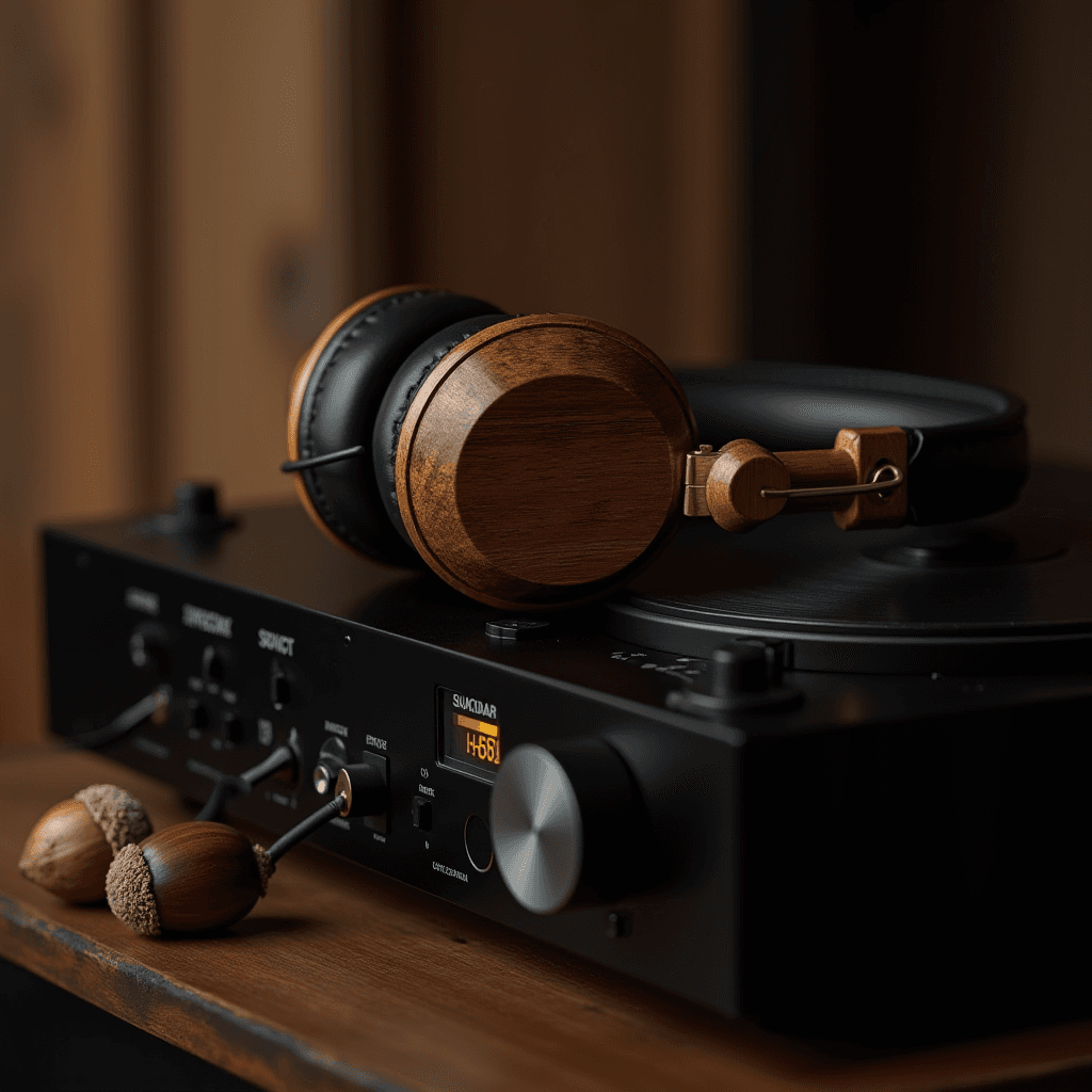 Wooden headphones rest on a stylish black turntable with oak acorns nearby, creating a cozy vintage vibe.