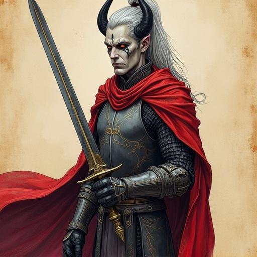 Tall haunted male tiefling paladin with ash-gray skin and glowing amber eyes. Long silver hair in a high ponytail. Black curved horns like a crown. Scars on sharp cheekbones. Matte plate armor with faint infernal etchings. Flowing crimson cloak. Duelist stance with a longsword. Colored pencil and marker illustration with hand-drawn textures. Visible pencil lines and soft cel shading on a parchment background.