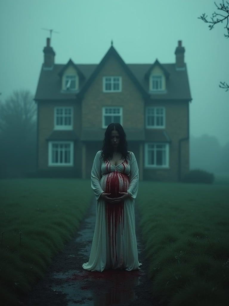 Creepy movie poster showing a pregnant woman covered in blood standing in distress. The woman stands in front of a scary house. The background is foggy English countryside with a soft teal glow. The woman's situation evokes fear and themes of demon worship.