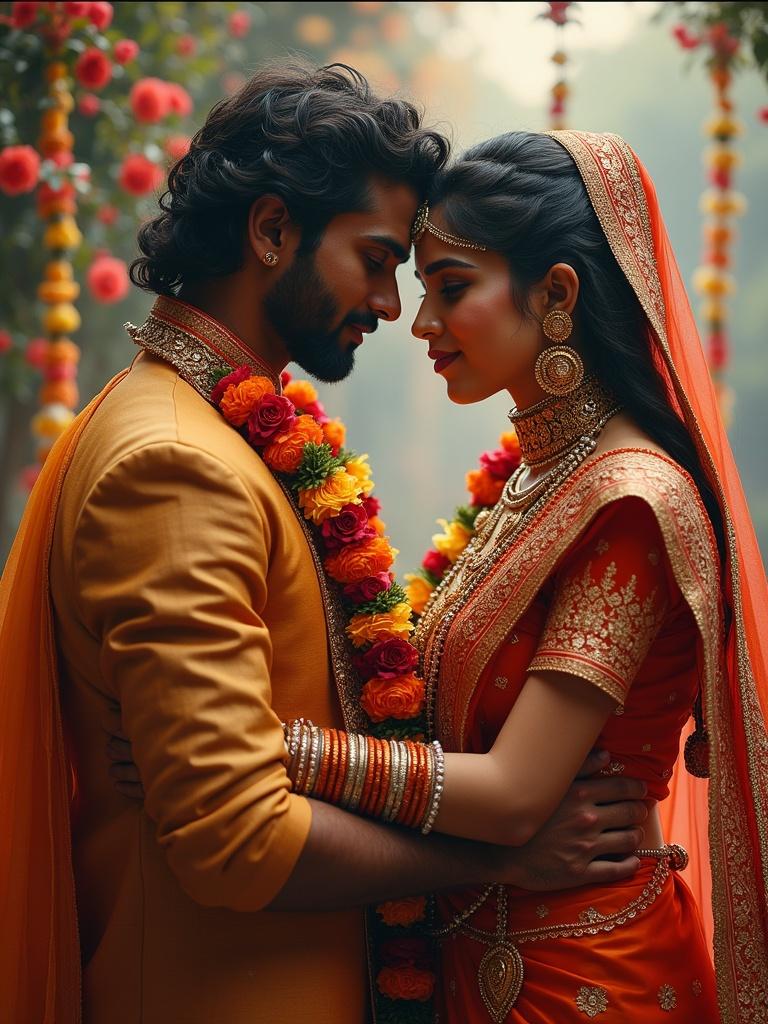 Couple wears traditional Indian wedding attire. Marigold flowers adorn the couple. Vibrant colors highlight the joyful occasion. Close embrace symbolizes love and commitment. Soft lighting creates a romantic feel.