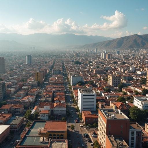 Aerial view of Chiclayo in Peru. The image captures the cityscape with buildings, roads, and surrounding mountains. Natural daylight highlights the urban environment.