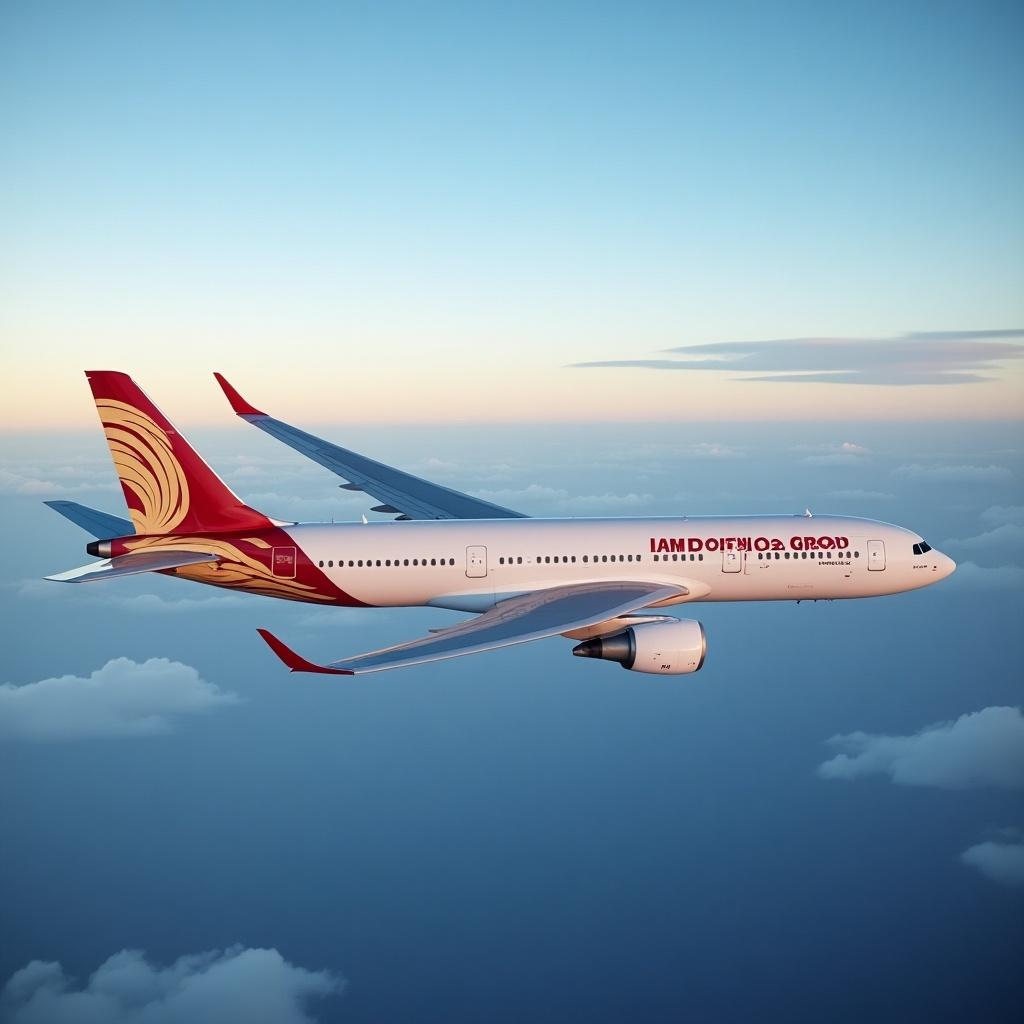 Airplane flying in the sky during sunset. The aircraft features a distinctive red and gold livery, representing an airline. Clouds are present in the background, creating a serene atmosphere.