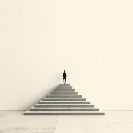 Minimalist tiny human standing at the end of a staircase. Surreal conceptual illustration style. Oversized objects. Vast negative space. Clean background. Elegant composition. Contemporary wall art. Subtle grain texture. Modern poetic tone.