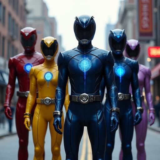 Five sleek smooth iridescent alien Power Rangers stand together. The first ranger is buff and red. The second ranger is blue and skinny. The third ranger is female and yellow. The fourth ranger is bulky tall and black. The fifth ranger is light purple and slim. The background shows a cloudy American town street with details like yellow street lines and signs. The Rangers wear detailed segmented armor pieces with glowing features and dark blue accents. The scene has a cinematic feel enhanced by shadows and reflections.