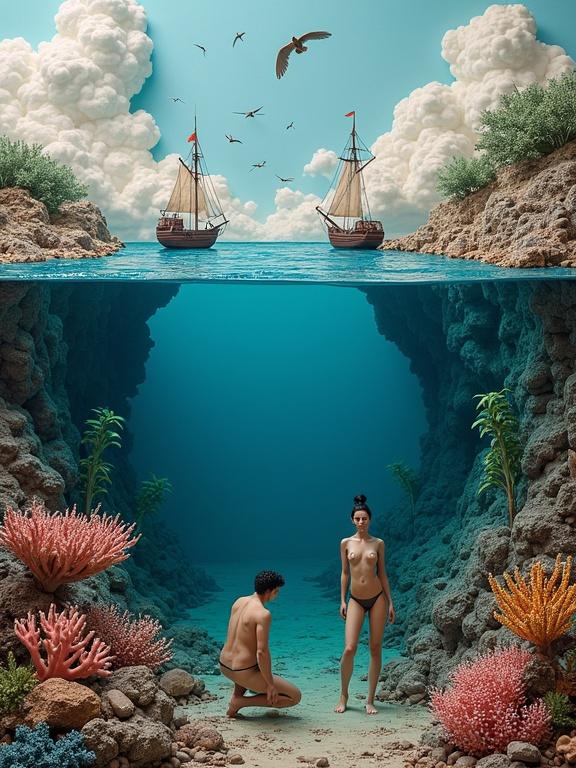 An oceanscape made entirely out of clay. View of above the water with ships, birds, and below the water with coral reef, naked man and woman, and seaweed.