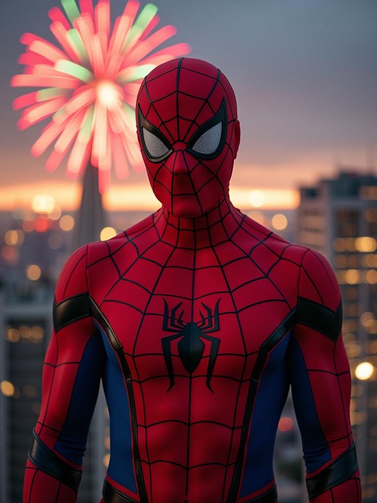 Photo features Spider-Man in a cityscape setting during sunset. Bright fireworks illuminate the background. Text "Happy New Year Liam" can be incorporated into the image.