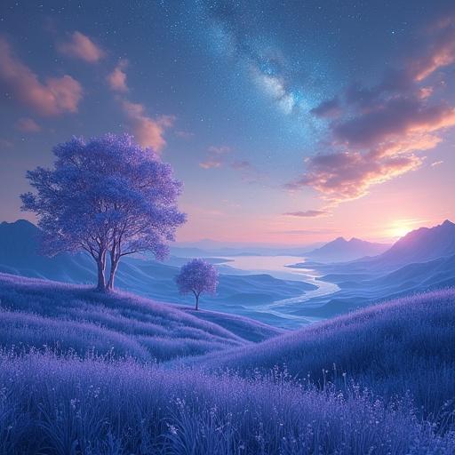 A breathtaking otherworldly landscape stretches beyond sight with rolling hills of glassy sapphire-blue grass. A sky streaked with ribbons of glowing gold and violet. Towering crystal trees with translucent trunks. A silver lake mirrors the cosmos. Floating islands drift above the horizon. Bioluminescent flowers bloom in impossible shapes. A waterfall of liquid light tumbles from the sky. Timeless and sacred place where reality folds into myth.
