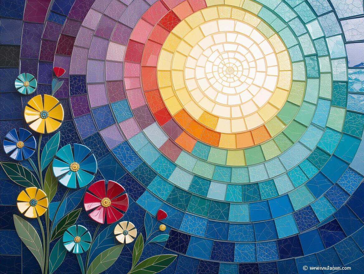 Iridescent ceramic tile and glass mosaic creates an ethereal atmosphere. The design is abstract with vibrant colors. Mixed media techniques are used.
