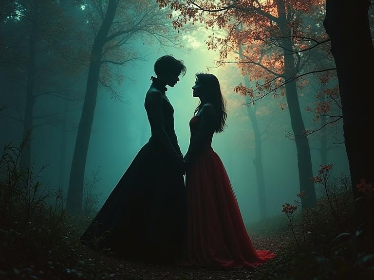 Striking image of a couple in a dark surreal fairytale. Silhouette of couple holding hands in a mystical forest setting. Dark tones and magical ambiance create a dystopian feel.