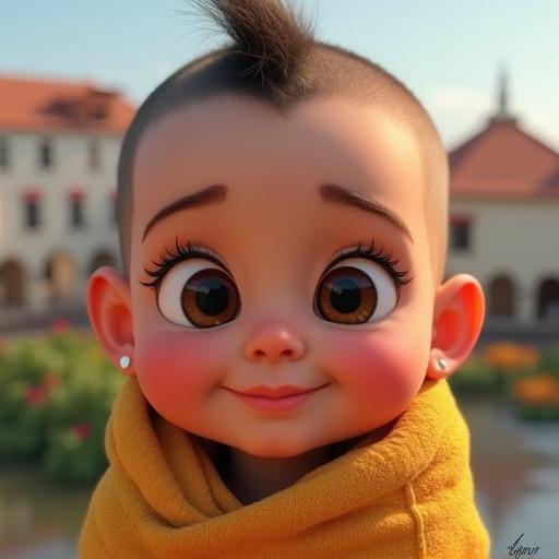 Animation of a newborn baby girl with bald dark brown hair. Background depicts Costa Rica. Features dad with a beard and mom with long dark hair. Characters have distinct feelings and expressions. Vibrant colors fill the scene.
