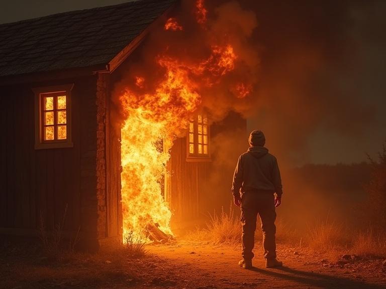 El espíritu del fuego sale de la hoguera. Una figura observa la casa en llamas.