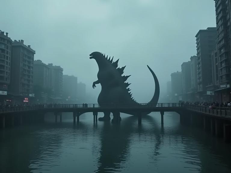 Dark cinematic scene with Godzilla's silhouette emerging from a river bay under a bridge in an Asian city. Buildings surround the scene with a dark and cloudy atmosphere. Fog creates a mysterious feeling over the reflective river. Focus on details, textures, shadows, and realism in a 4K quality image.