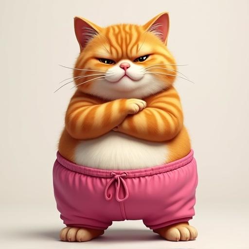 A cute realistic chubby cat wears pink pants. The cat has its arms crossed and shows an angry face. Detailed facial features and expressions create a humorous appearance.