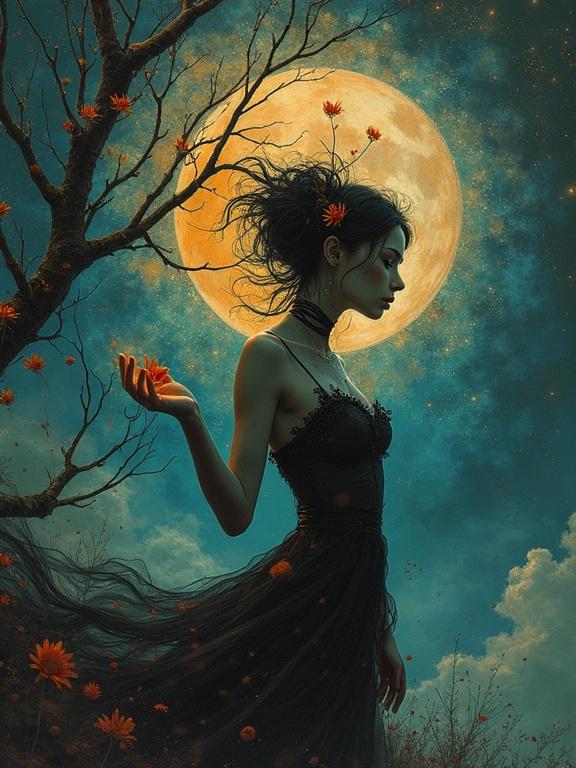 Woman in a flowing black dress stands under a large moon. She holds orange flowers. Background features a tree. Enchanted, otherworldly atmosphere.