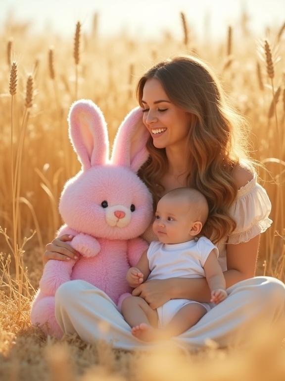 A pink and white rabbit toy sits in a golden wheat field with a baby in a white onesie. A woman in a flowing dress smiles at them. The scene is sunlit and warm, evoking feelings of affection and connection.