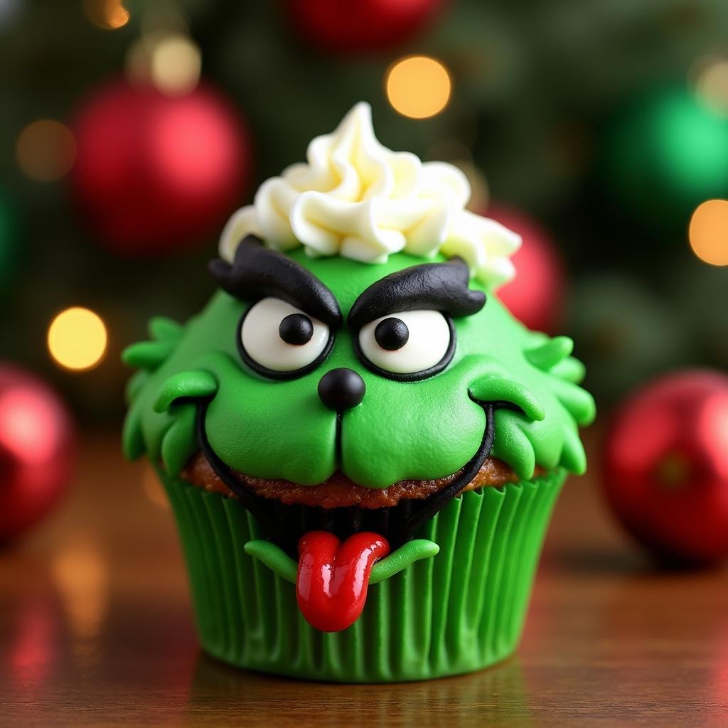 A creatively designed cupcake resembling the Grinch. It is vibrant green with white frosting swirls. It has mischievous eyes and a playful tongue. The background features holiday ornaments for a festive ambiance.