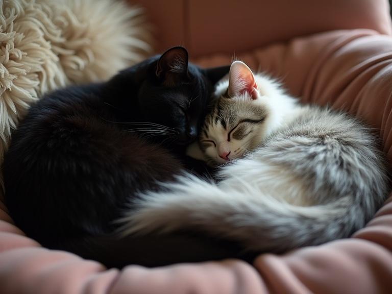 Ultrarealistic photo of a black cat and a Norwegian Forest cat sleeping curled up together on a soft velvet cushion. Tails are gently intertwined. Warm diffused lighting creates a cozy atmosphere.