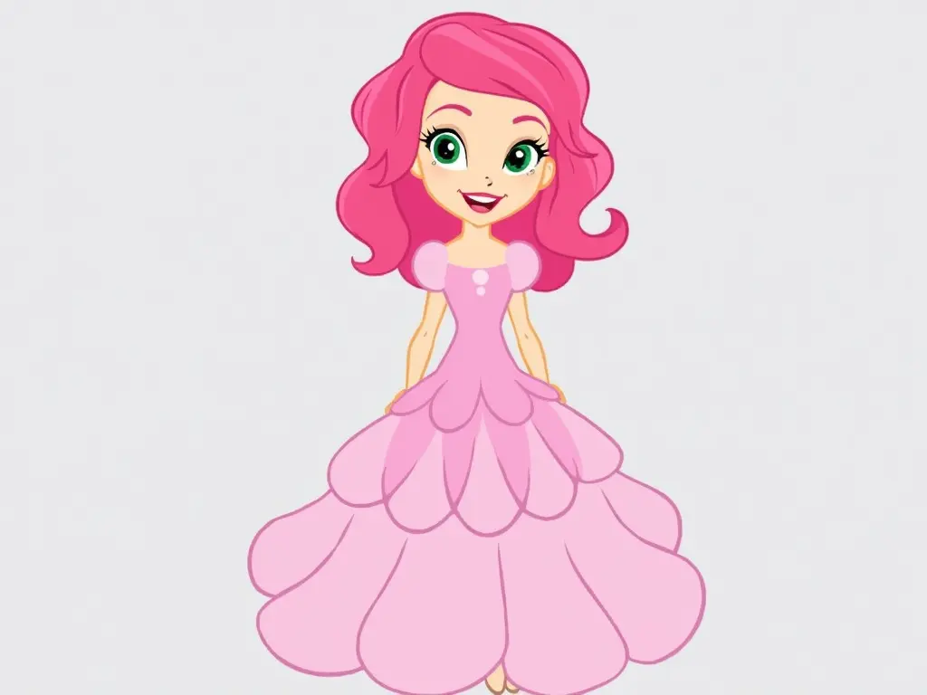 The image features a cartoon character with a feminine appearance. She has bright pink, wavy hair and expressive green eyes. Her skin tone is light, and she is smiling. She wears a long, flowing pink dress with a layered design that resembles petals. The background is a light gray, which contrasts with her vibrant attire, making her the focal point of the image. The character stands upright with a confident pose.