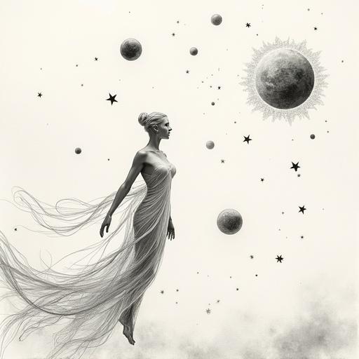 Floating human figure in white, surrounded by planets and stars, monochrome minimalist style. Delicate ink lines on textured paper, conveying a serene mood inspired by traditional Asian brushwork.