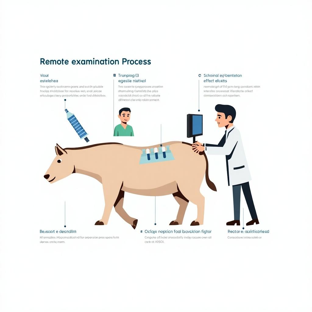 Illustration of remote examination process for a cow. Visual examination by a veterinarian. Equipment shows diagnostic tools. Two people involved in the process.