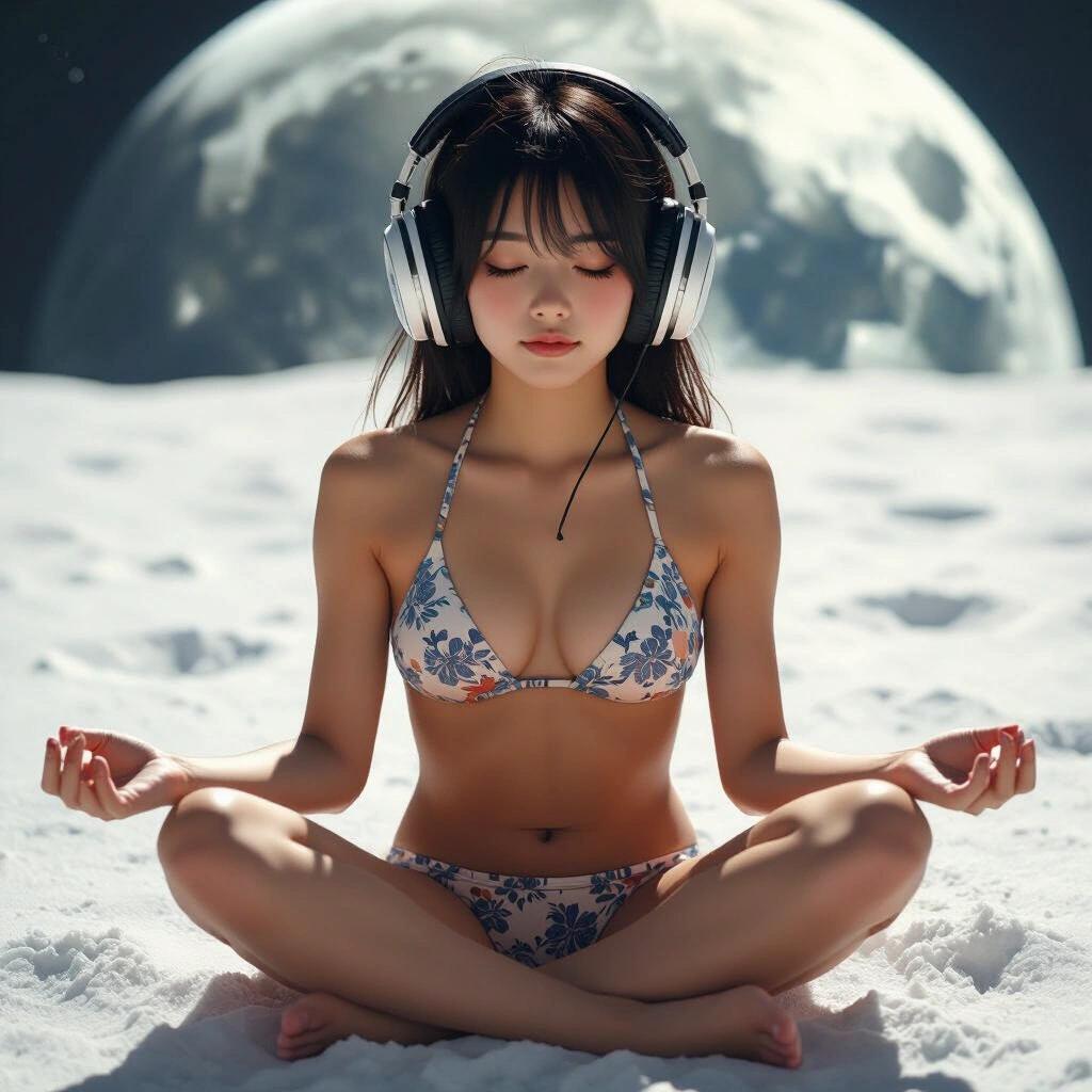 Teen girl wearing bikini. She is meditating. Oversized headphones on her ears. Elevated above the moon. Dark background with the moon visible.