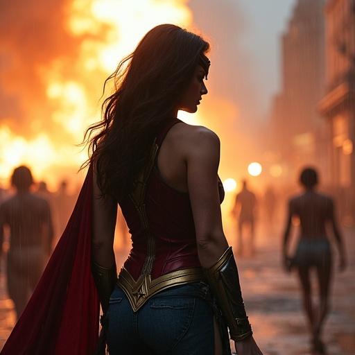 Wonder Woman shown from the back in an action pose. Full body shot with riot scene and battle damage. Fire and explosions in background. Ruins are visible with hard rain. Captured in morning light using a low angle perspective.
