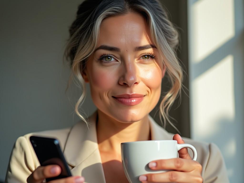 A close-up portrait of a woman enjoying a moment in a cozy setting. She is smiling gently while holding a cup of coffee in one hand and a smartphone in the other. The soft natural lighting creates a warm, inviting atmosphere. Her hair is styled elegantly, and she wears a chic outfit. The background features a hint of sunlight filtering through a window, adding to the serene vibe of the scene.