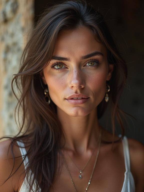 Raw photo of a beautiful woman in an old village. Portrait with detailed skin and skin pores. Captured with a DSLR camera showing depth of field.